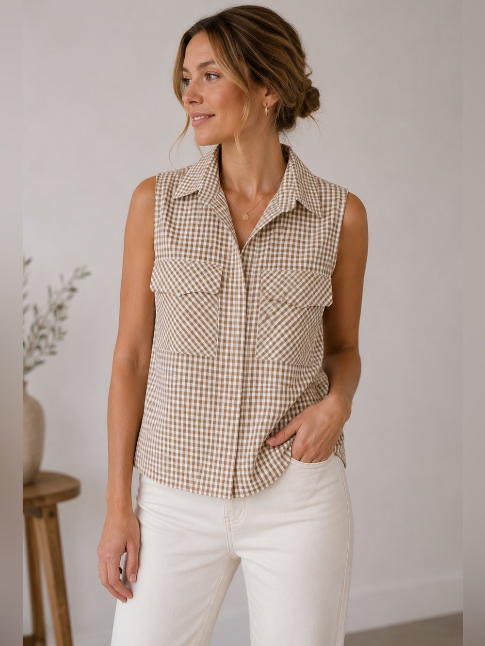 NWT Sim & Sam Size Small Tan Gingham Sleeveless Button Front Utility Blouse